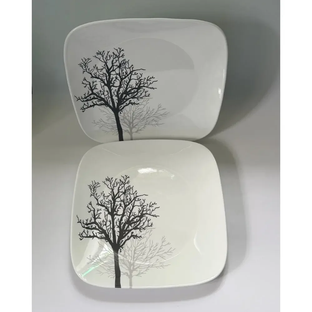 Corelle‎ Set Of 4 Tree Shadows 10.5”Square Large Dinner Plates Black Gray Nature